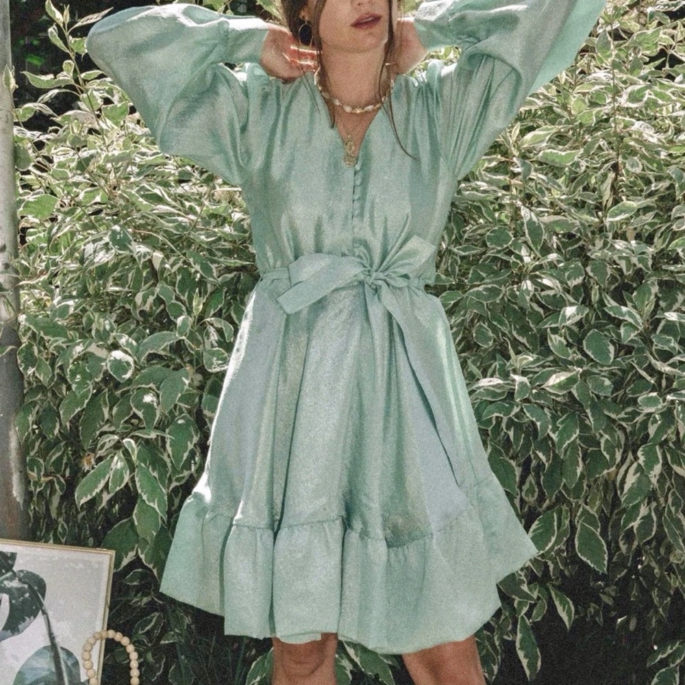 STINE GOYA Mint Green Satin Tie-Waist Ruffle Dress